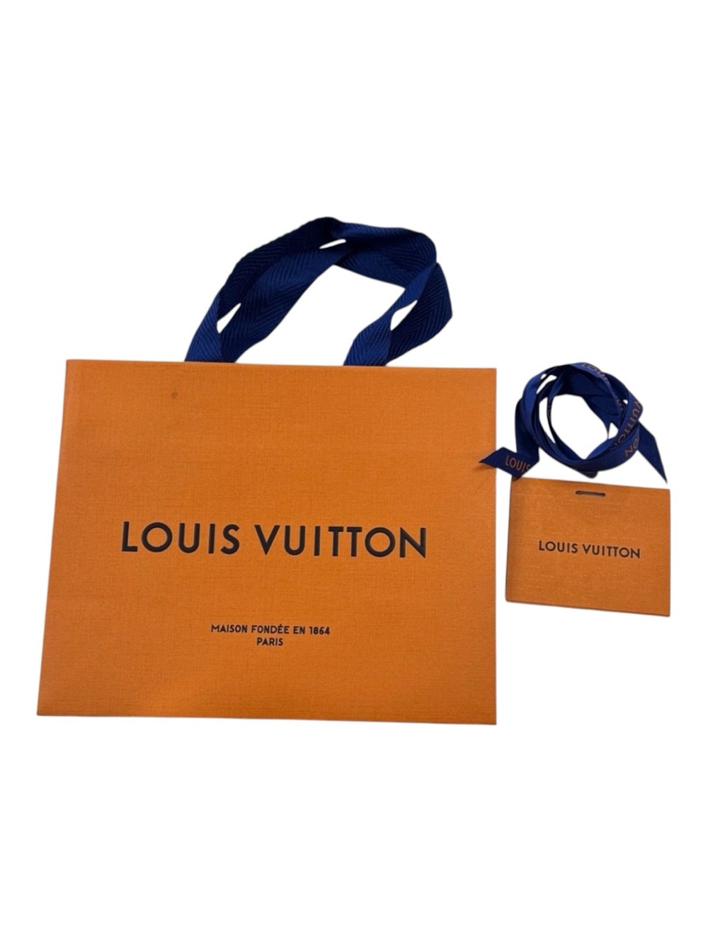 Louis Vuitton Orange Bag with Blue Ribbon and blank gift tag